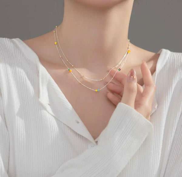 Minimalist Necklace | Luxury Bee® | Colorful Beaded Double Layer Silver Minimalist Necklace
