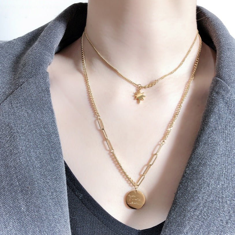 Luxury Bee Double Layer Eight Mangs-Star Wool Personality Lock Chain Necklace - Luxury Bee
