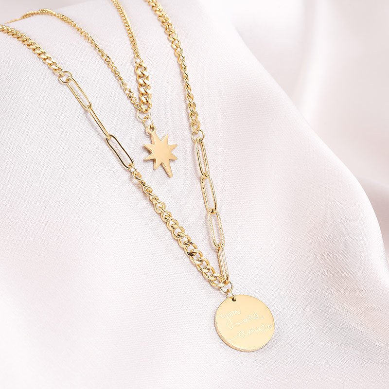 Luxury Bee Double Layer Eight Mangs-Star Wool Personality Lock Chain Necklace - Luxury Bee