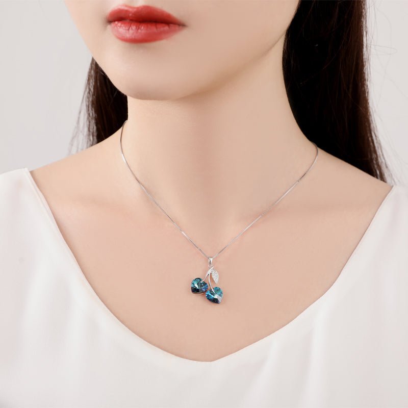 Luxury Bee Necklace Austi - Swarovski Crystal Dual Heart Necklace Silver Sterling 925-Blue Color-Valentine Gift for Her - Luxury Bee