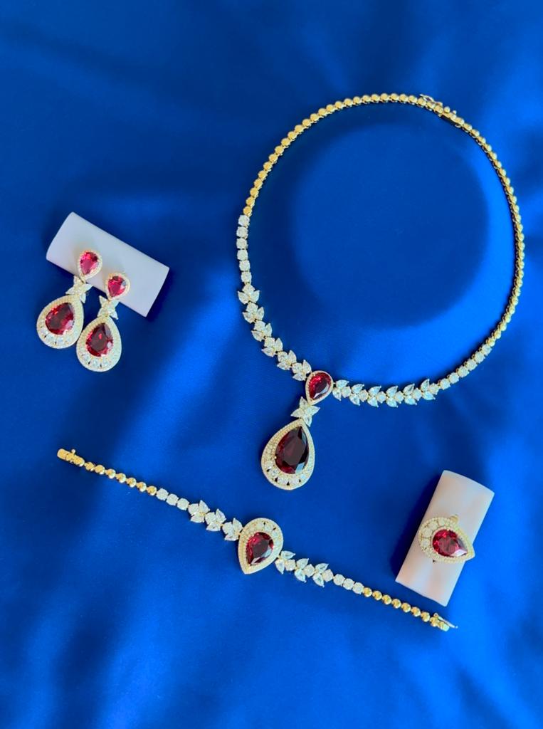 Luxury Bee Royalee Necklace Set for Women- Daily-Office-Party Wear Jewelry Set-Red Zircon - Luxury Bee