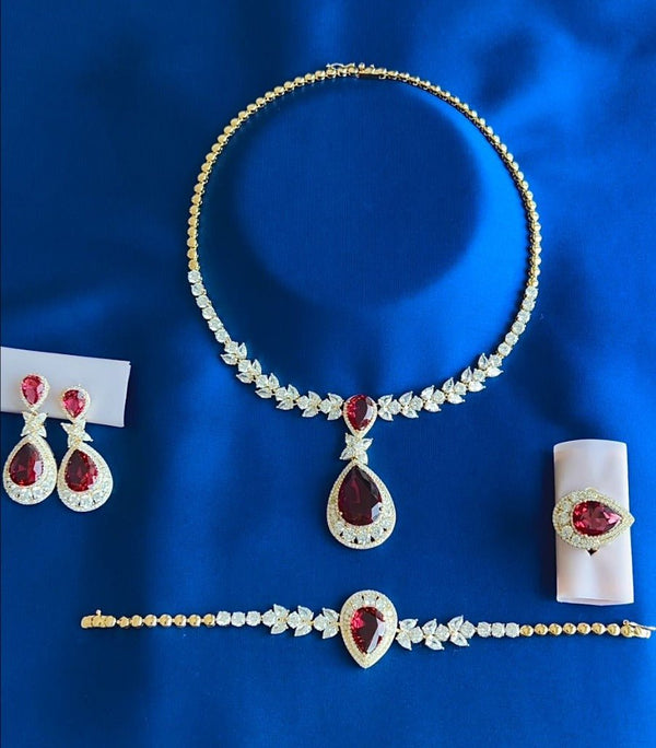 Luxury Bee® Royalee Necklace Set for Women Party Wear Jewelry Set-Red Zircon